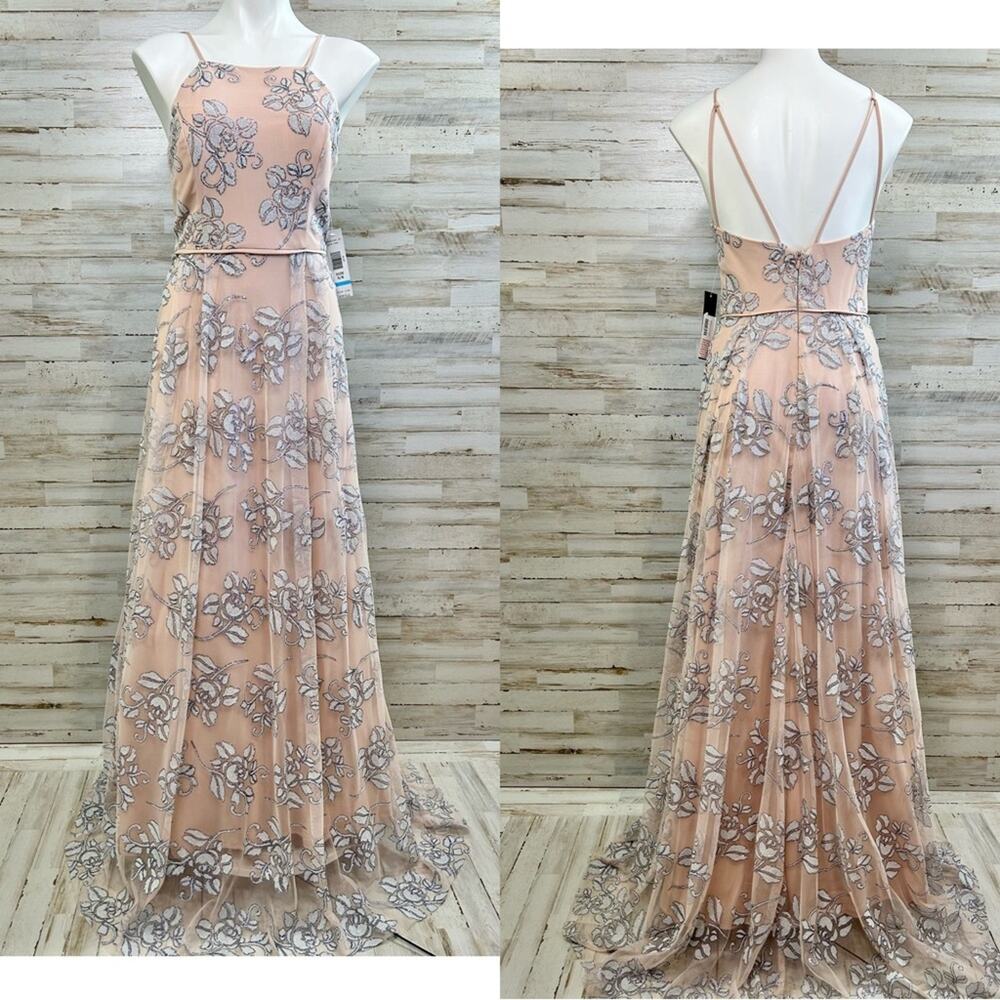 Jump Apparel Halter Tulle Glitter Maxi Dress Gown Juniors Size 5/6 Blush Floral